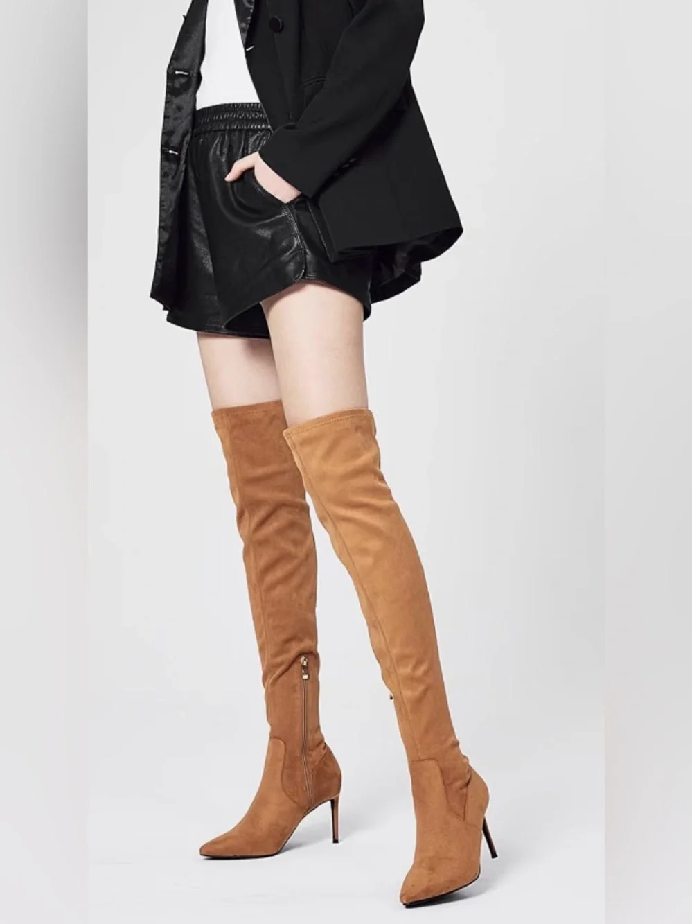Faux Suede Over-the-Knee 3” Heel Boots in Tan-NWOT